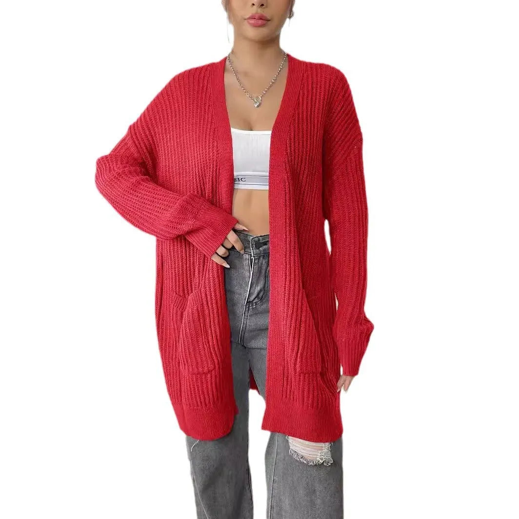 Women's dark green acrylic cardigan with double pockets and mid-length 65cm loose fit