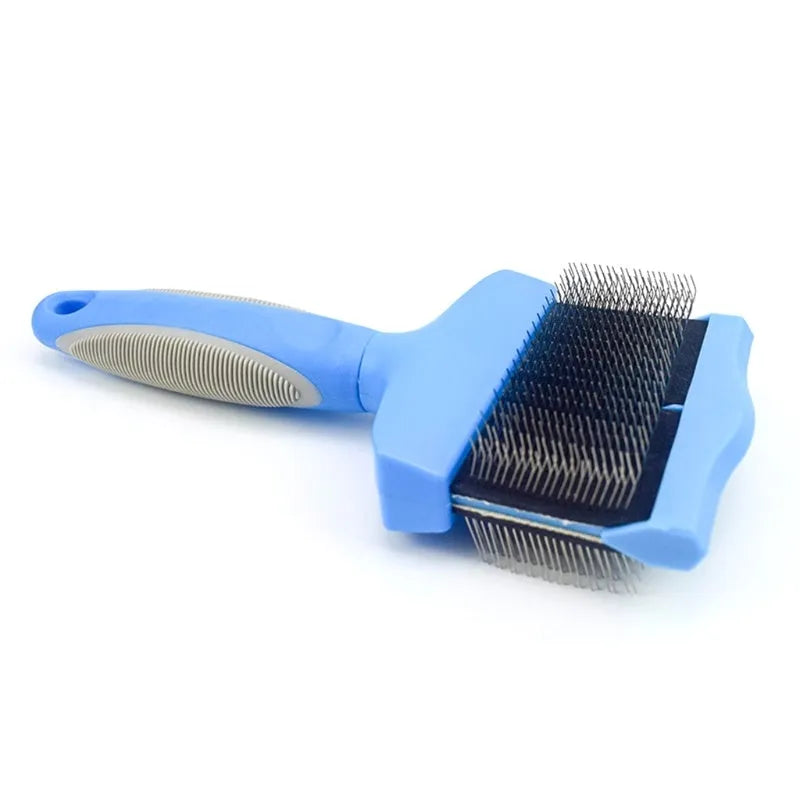 Double-sided stainless steel pet brush with blue handle showing both flexible and firm pin sides