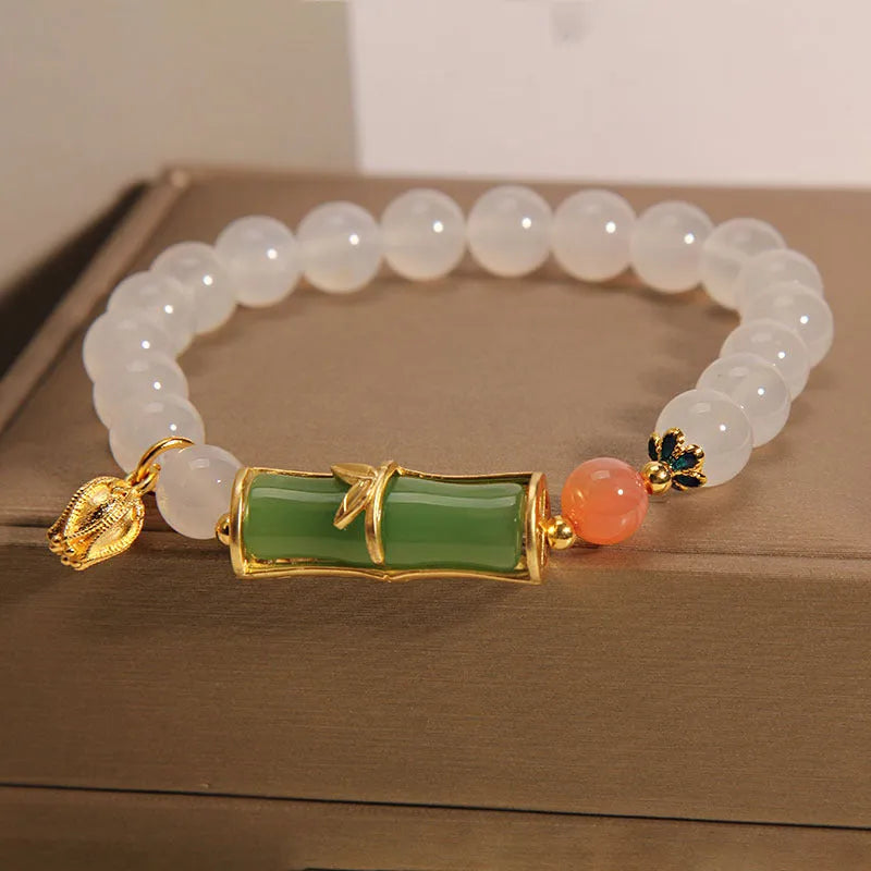 White agate jasper bamboo bracelet with jade beads, adjustable Chinese style women's jewellery