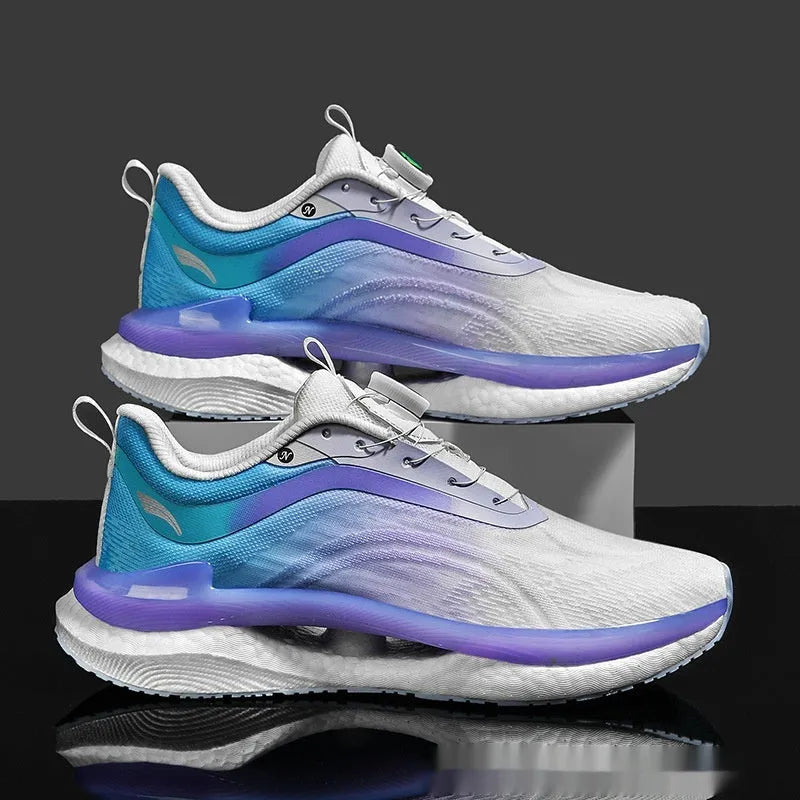Men's high top breathable running shoes in cotton candy colour with mesh upper and buckle fastening