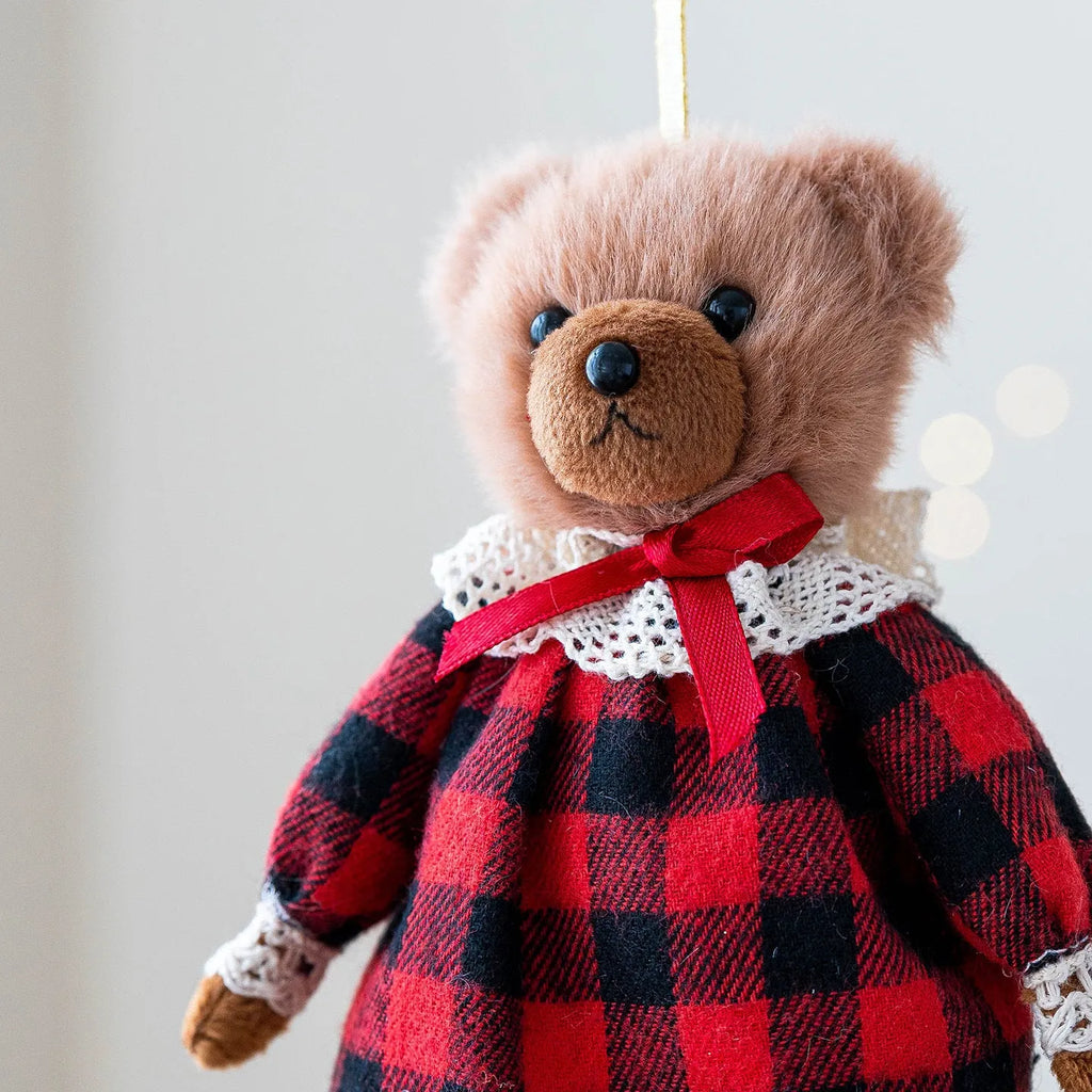Couple plush bear dolls in cotton plaid suits showing gentleman and princess bear characters