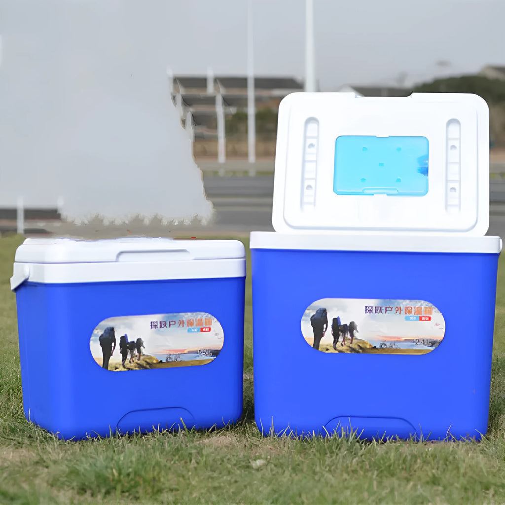 Blue portable insulated cooler box with aluminium foil lining, shown closed.