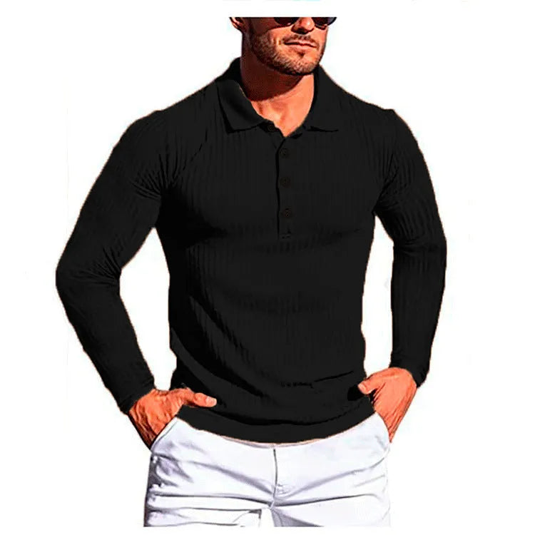 Man wearing a high elasticity slim knit summer shirt in a loose fit with short sleeves, shown in one of ten available colours.