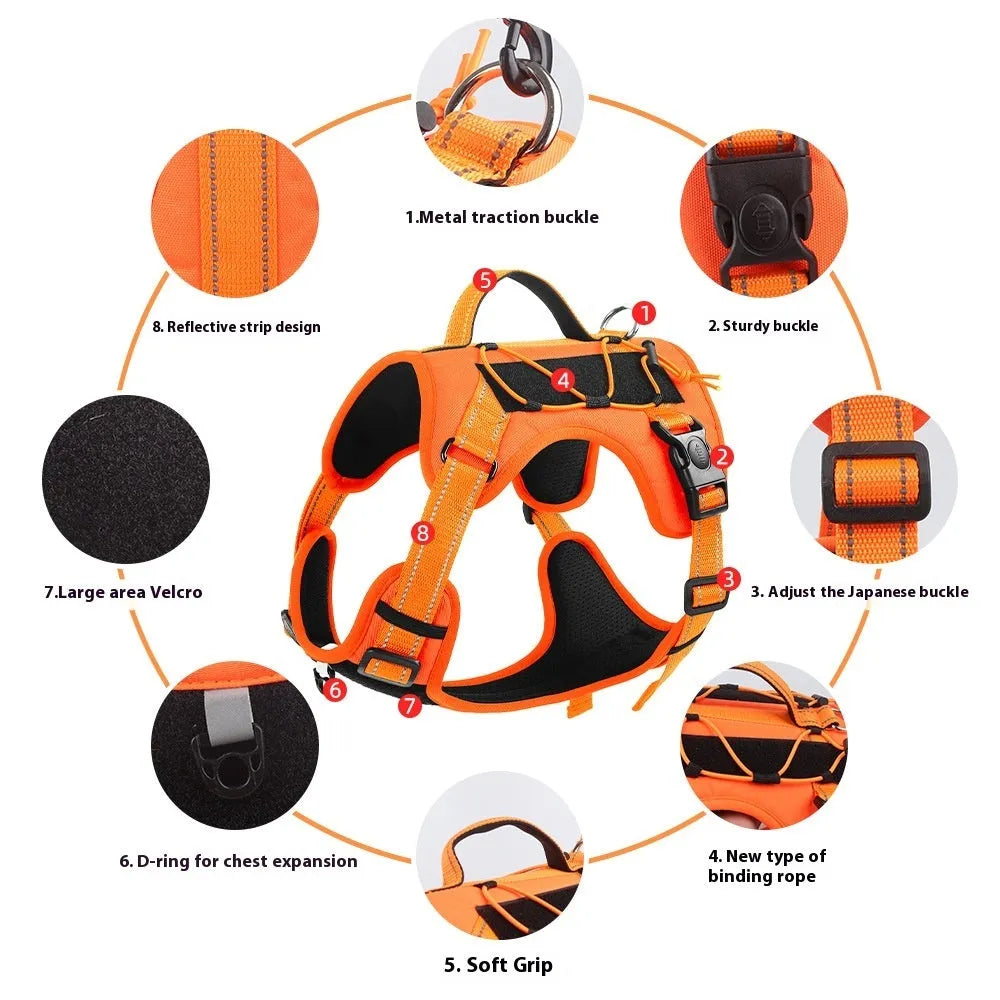 Reflective dog harness with explosion-proof hand-holding rope in orange colour showing vest design and secure grip