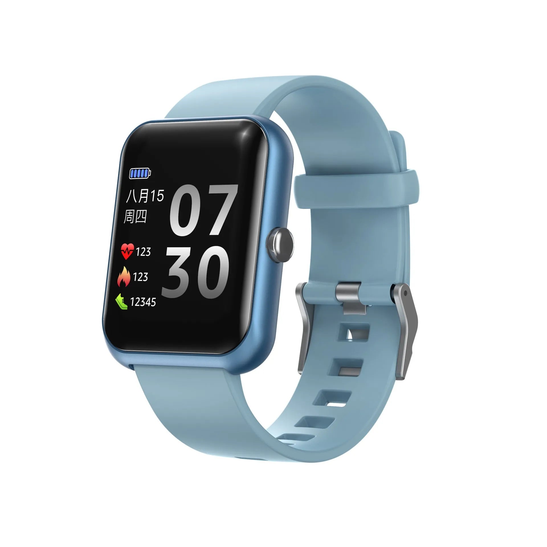 Square dial smart couple bracelet with silicone strap and aluminium case in five colour options.