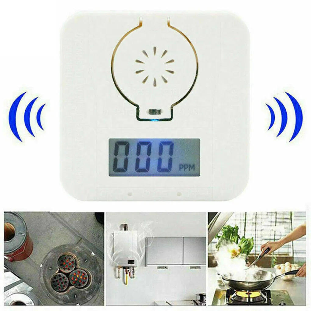White wall-mounted wireless carbon monoxide alarm for detecting coal stove gas.