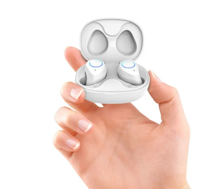 M18 true wireless stereo in-ear headset in black and white colour options
