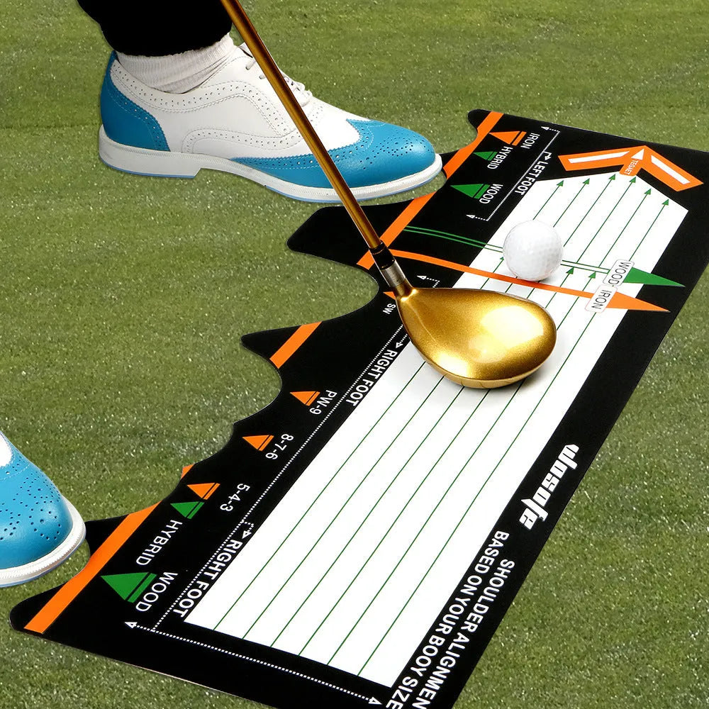 Black neoprene golf swing stance auxiliary training pad for posture correction.