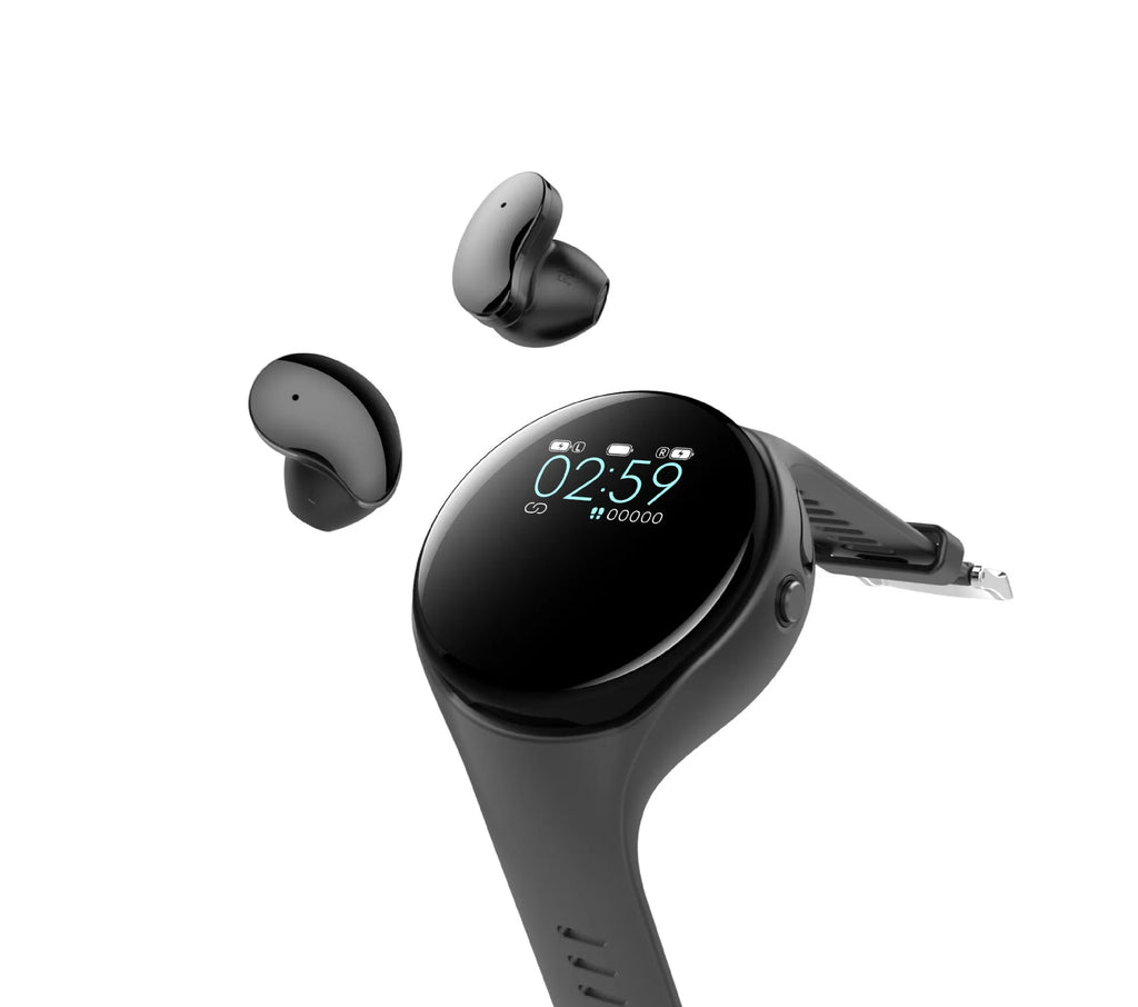 Black detachable Bluetooth earbud and smart fitness bracelet combo on a wrist.