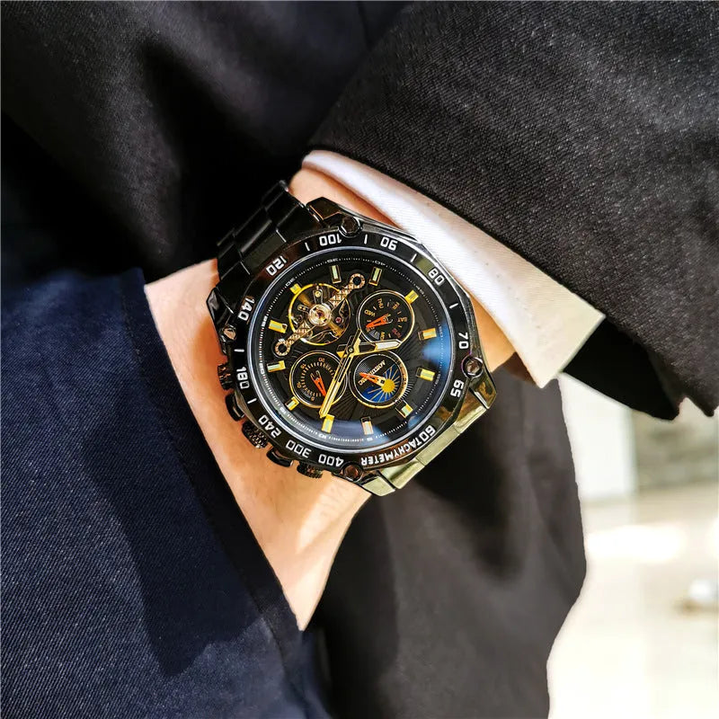 Automatic mechanical mens watch with silver stainless steel case and black dial