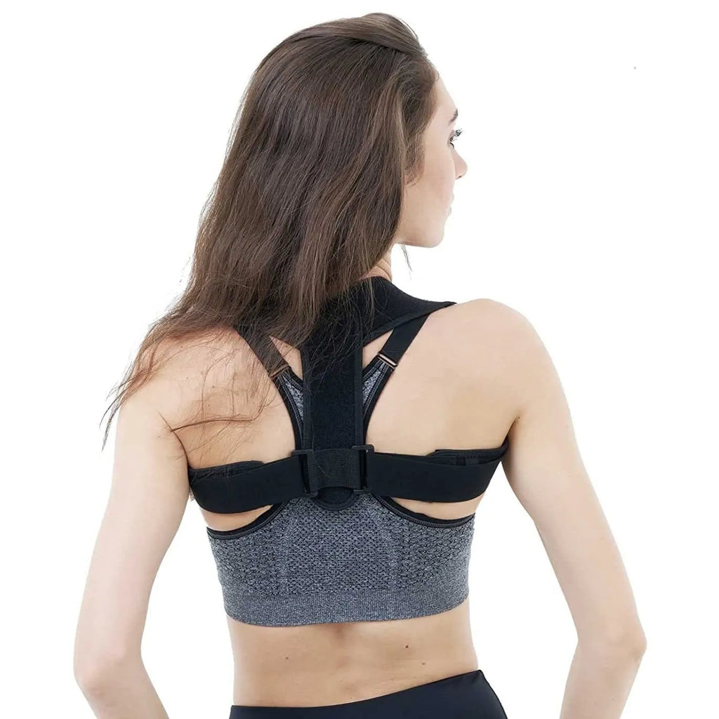 Black adjustable posture correction strap with breathable construction