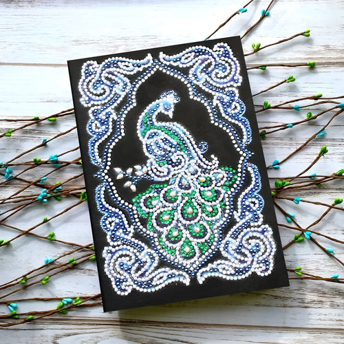 A5 peacock diamond painting notebook with shaped and bright drills, black cover, spiral binding