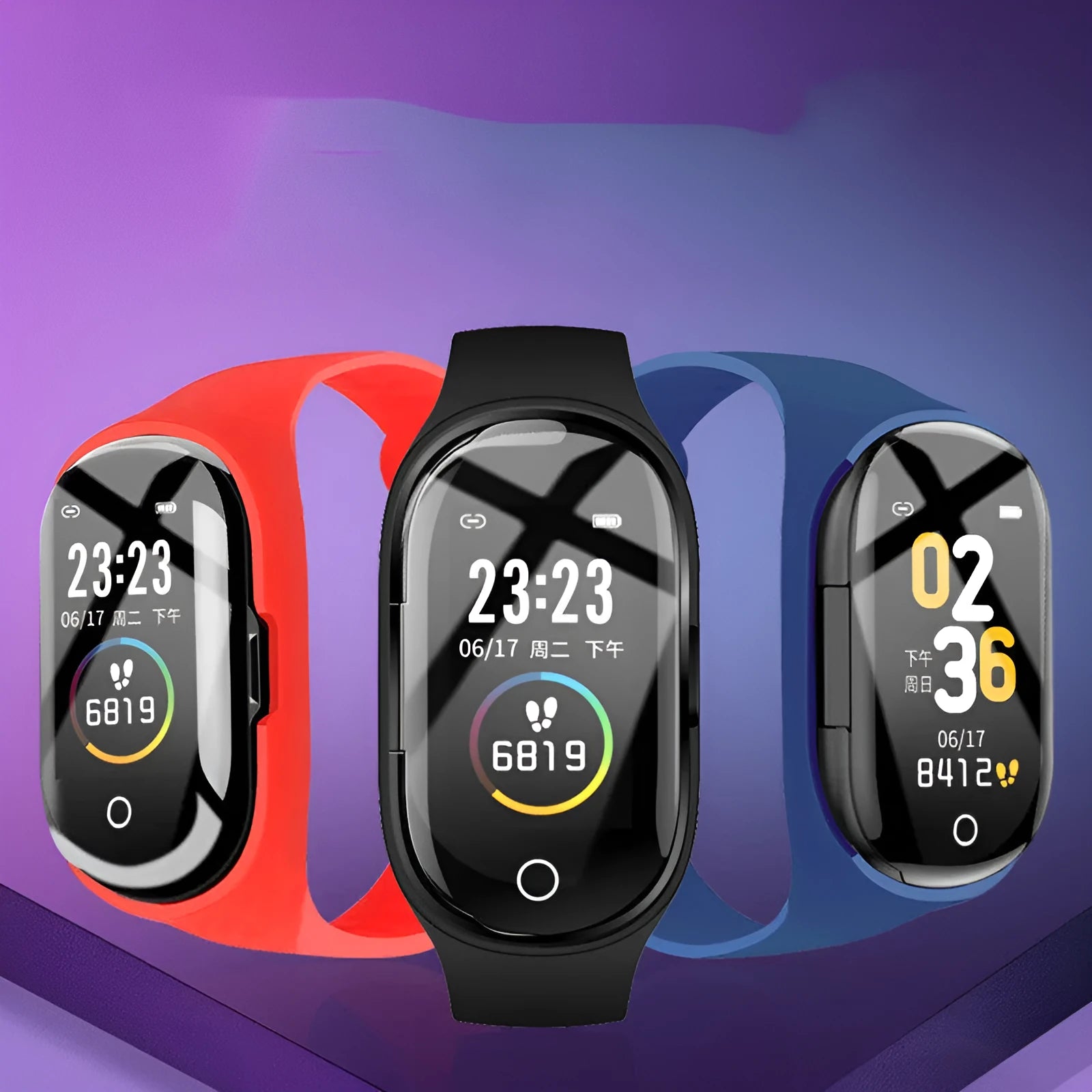 Smart bracelet and earphone combo with silicone wristband in choice of colours showing 1-inch screen