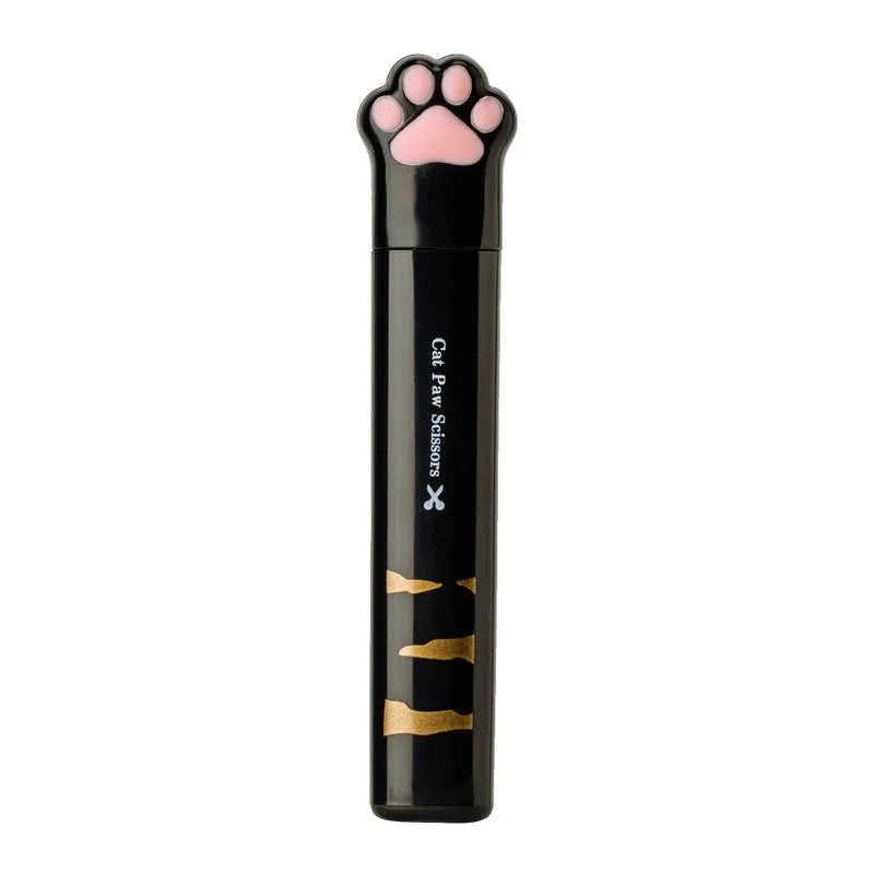 Cat paw mini folding scissors showing stainless steel blades and four colour options: pink, white, black, and blue