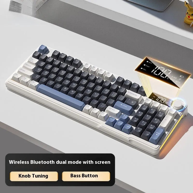 Wireless mechanical-feel keyboard and mouse in a two-tone colour option, showing Type-C cable and connectivity switches.