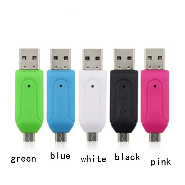 USB 2.0 OTG card reader for SD and TF memory cards in white, pink, green, blue, and black colours