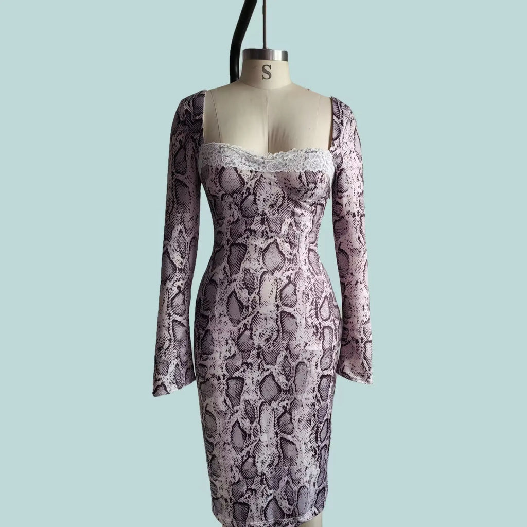 Grey digital printed lace dress with 3D effect pattern and slim fit A-line silhouette