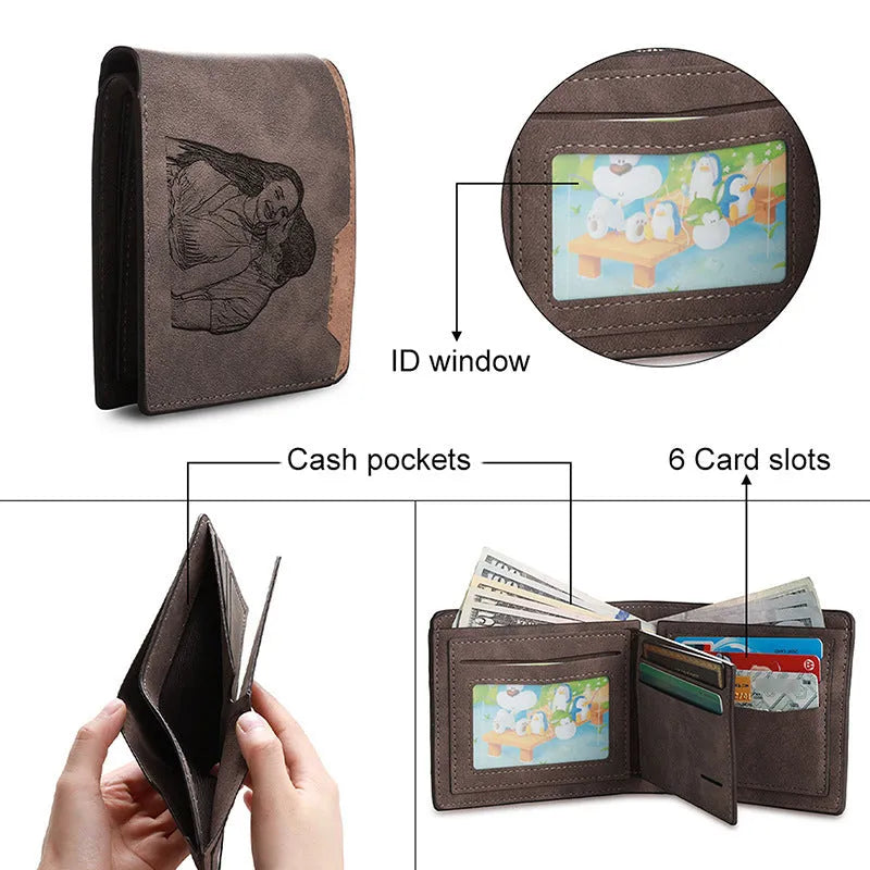 Engraved horizontal short wallet in coffee PU with seven card slots