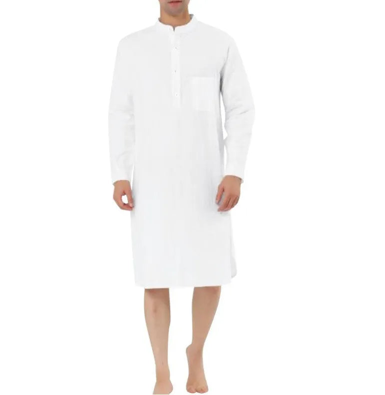 Men's button-front shirt robe in a cotton blend fabric with two front pockets