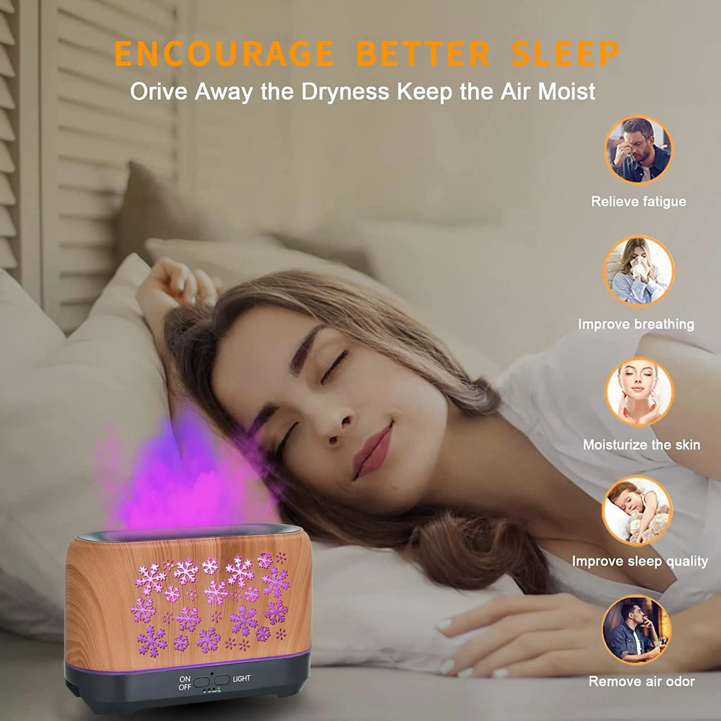 Square Christmas snowflake pattern aromatherapy diffuser with colourful flame effect lighting