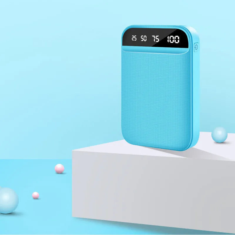 Compact mini power bank in choice of colours showing multi-USB port and small 93x63x22mm size.