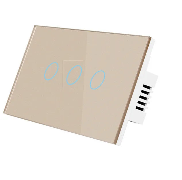White two-gang RF touch light switch with tempered glass panel shown front on.