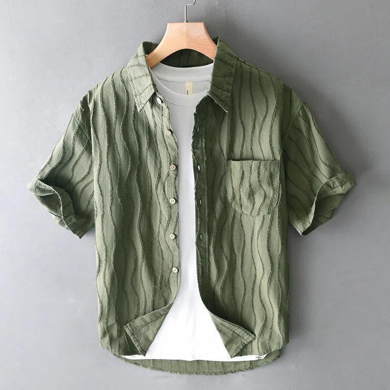 Men's pure cotton short sleeve shirt in loose Japanese style, apricot colour