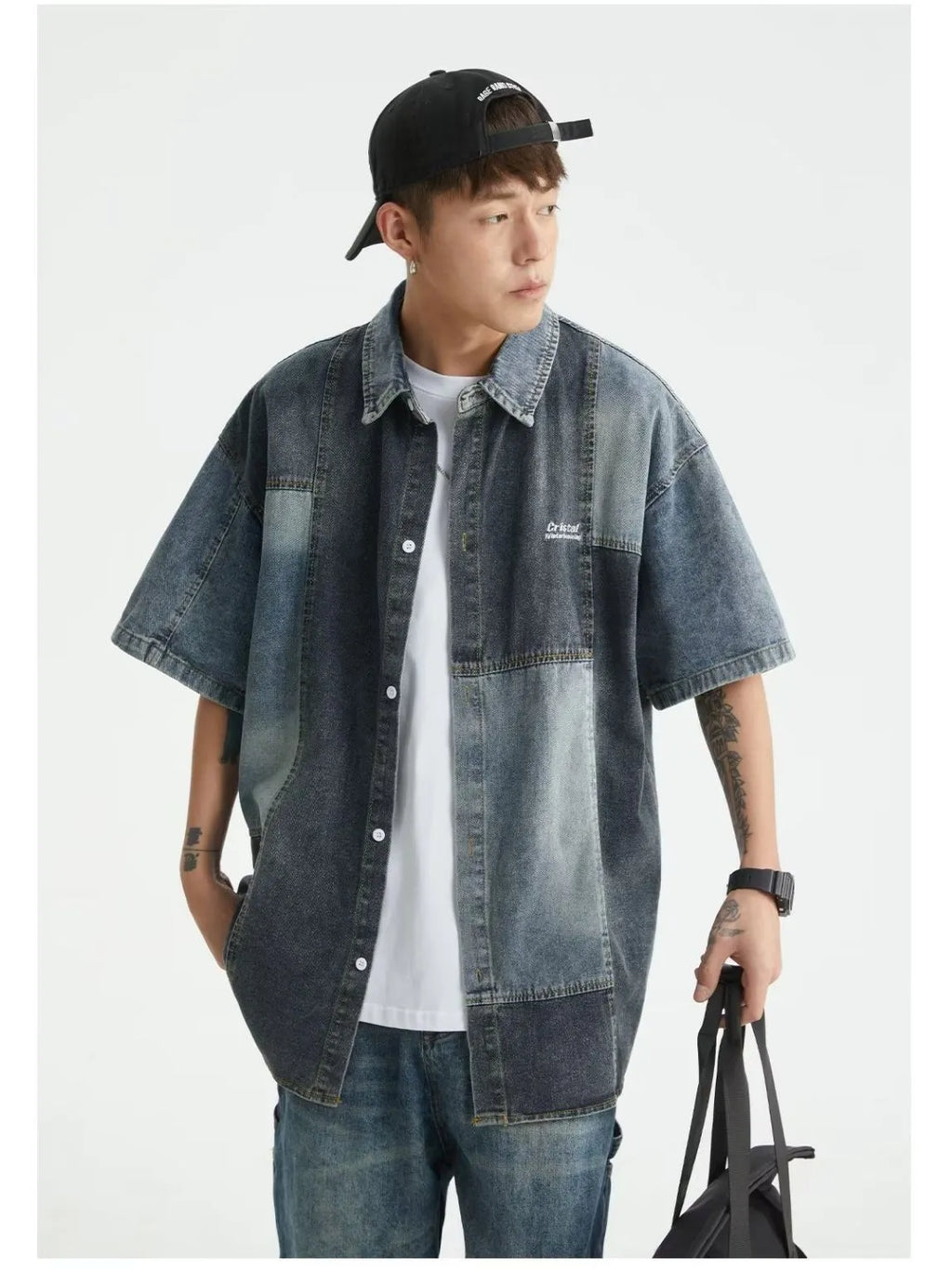 Blue Japanese-style loose fit denim shirt for men with washed stitching detail