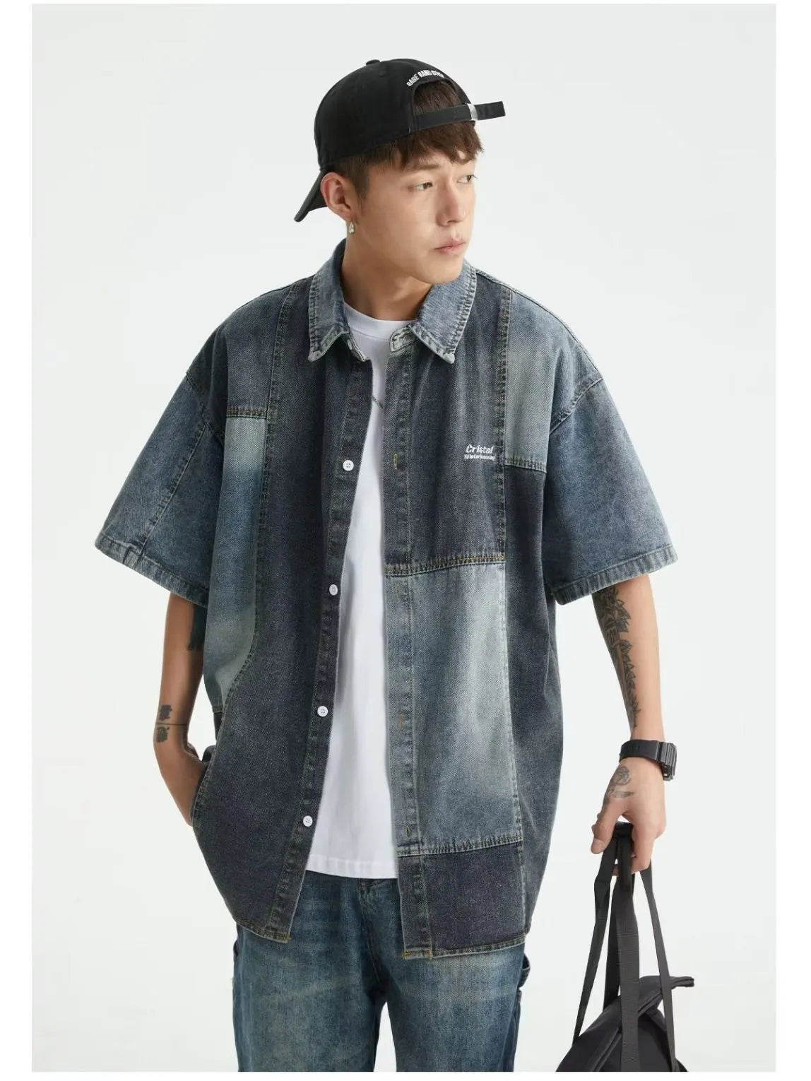 Blue Japanese-style loose fit denim shirt for men with washed stitching detail