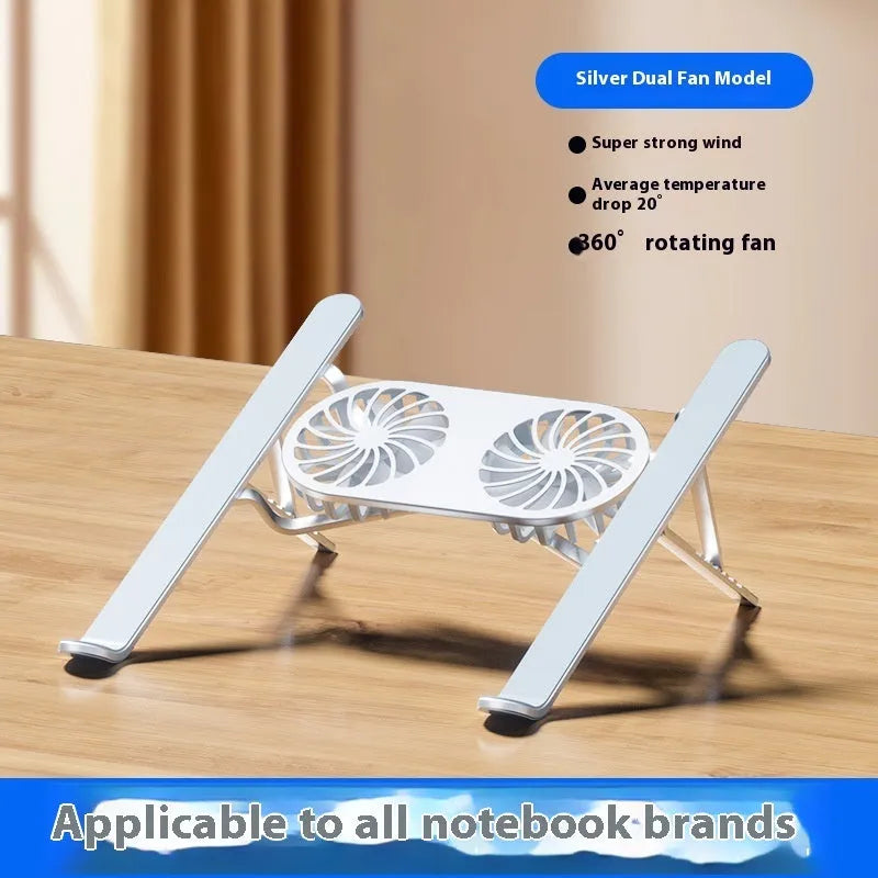 Silver aluminium laptop stand with twin cooling fans in a lifted position on a desk