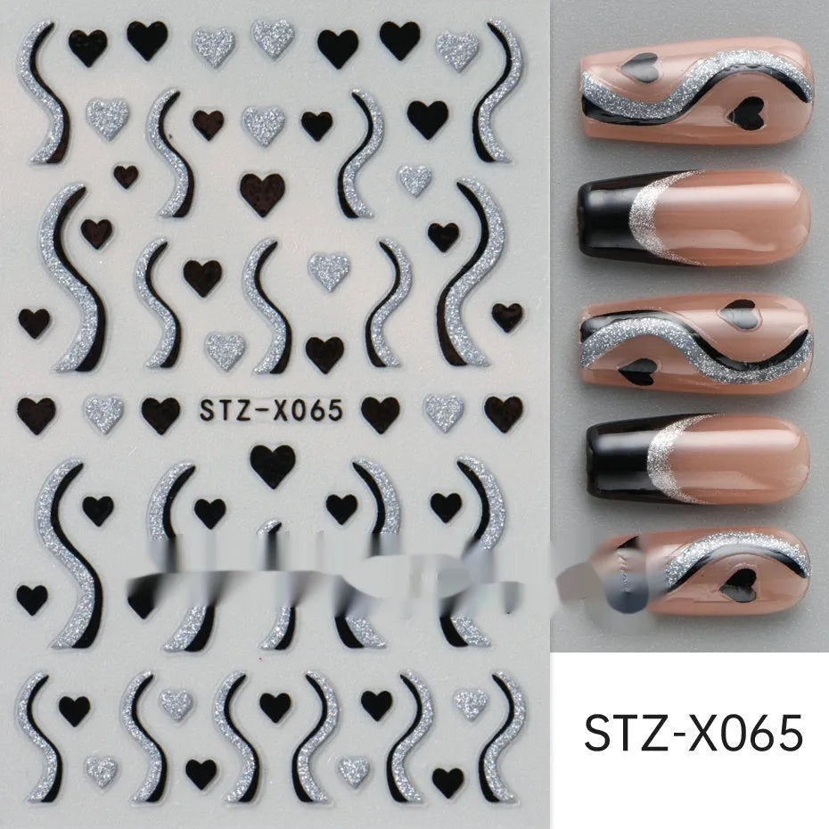 Sheet of black and silver stripe nail art stickers from a cartoon series for DIY manicures.