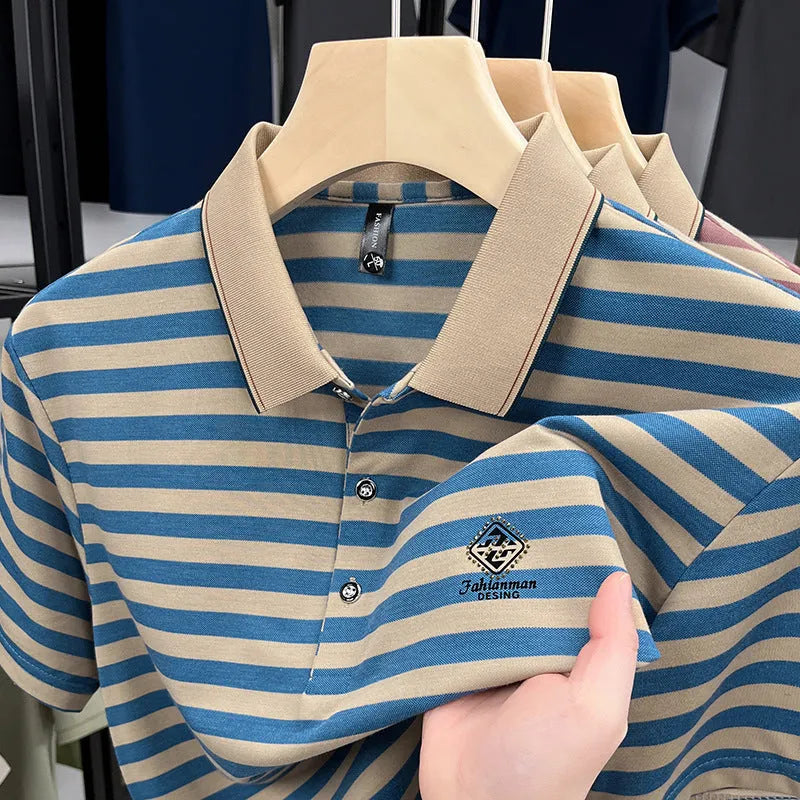 Men's red striped short sleeve t-shirt with mosaic pattern detail on a mannequin.