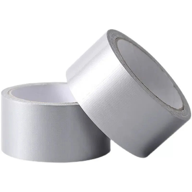 Roll of high-adhesion windproof sealing tape in silver grey, showing its width and length.