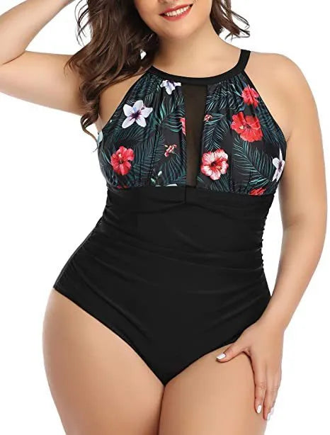 Women's black one-piece polyester swimsuit on a hanger, with red floral and striped versions shown.