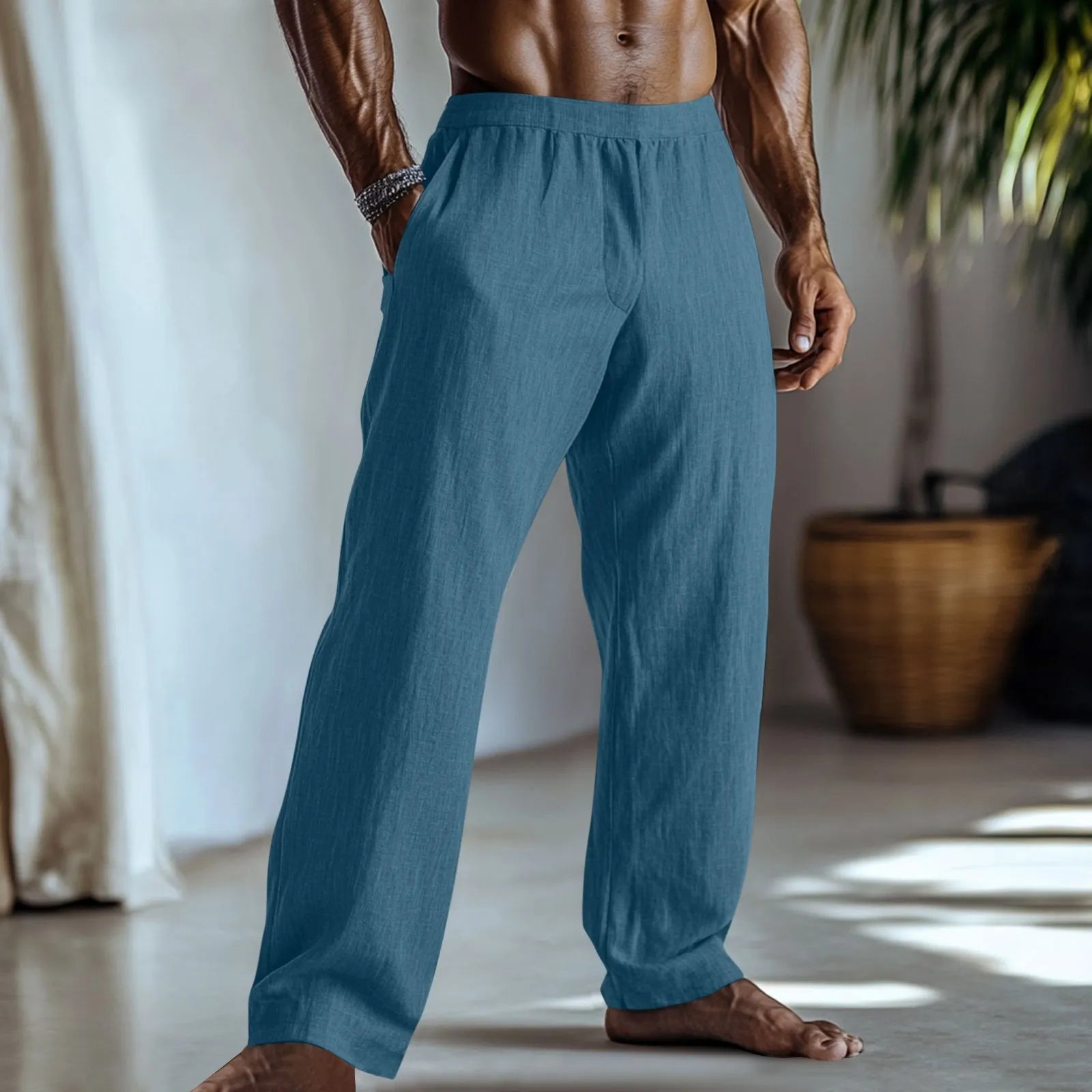 Cotton and linen straight-leg casual trousers with side pockets in light green colour