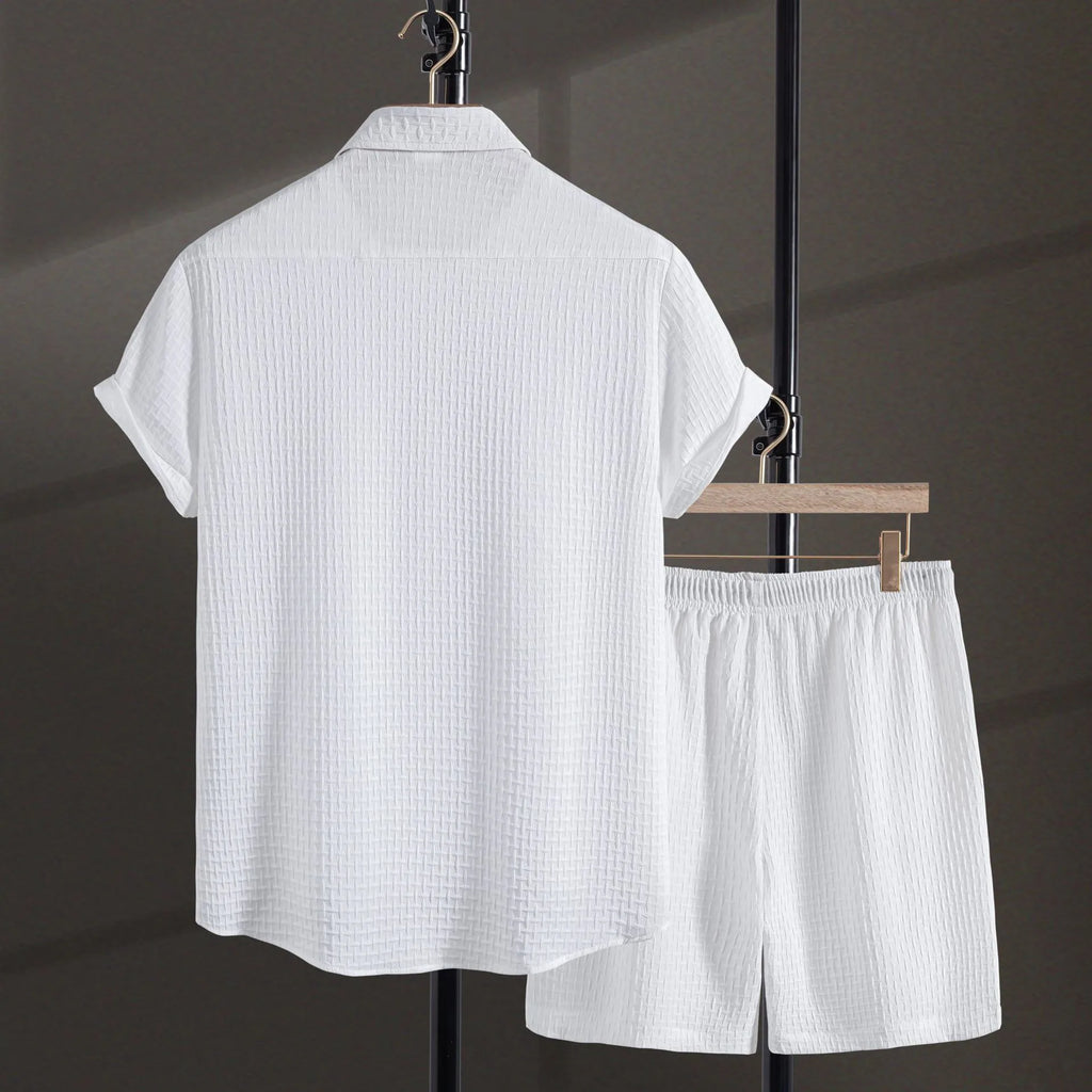 Men's white cotton blend beach shirt and shorts suit with loose cardigan style