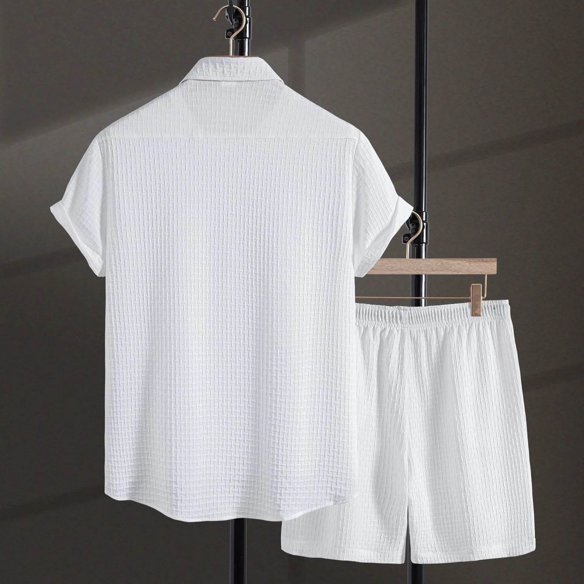 Men's white cotton blend beach shirt and shorts suit with loose cardigan style