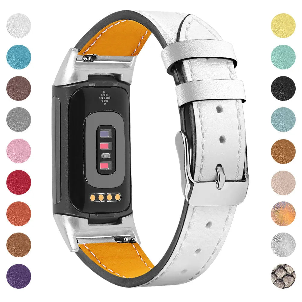 Genuine cowhide leather strap for Fitbit Charge 5 and Charge 6 smartwatch in multiple colour options.