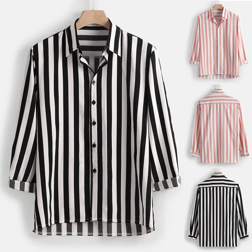 Men's long sleeve striped shirt in hemp blended fabric with four-way stretch, available in multiple colours