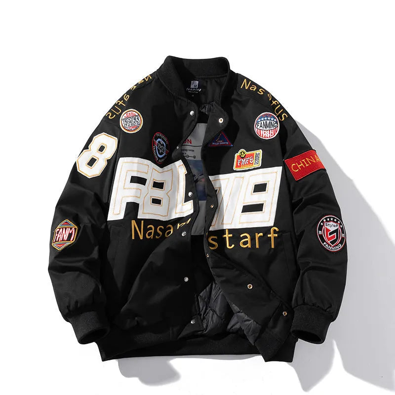 Black motorcycle baseball uniform jacket with removable hood shown in loose fit sizing