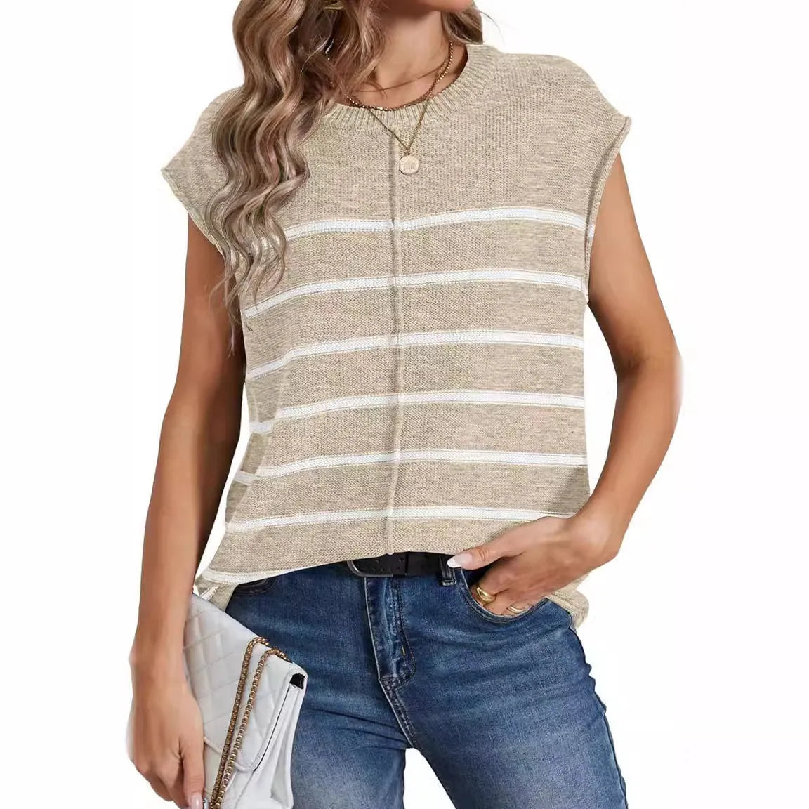 Women's striped sleeveless vest pullover with bone stitch detailing in acrylic knit fabric
