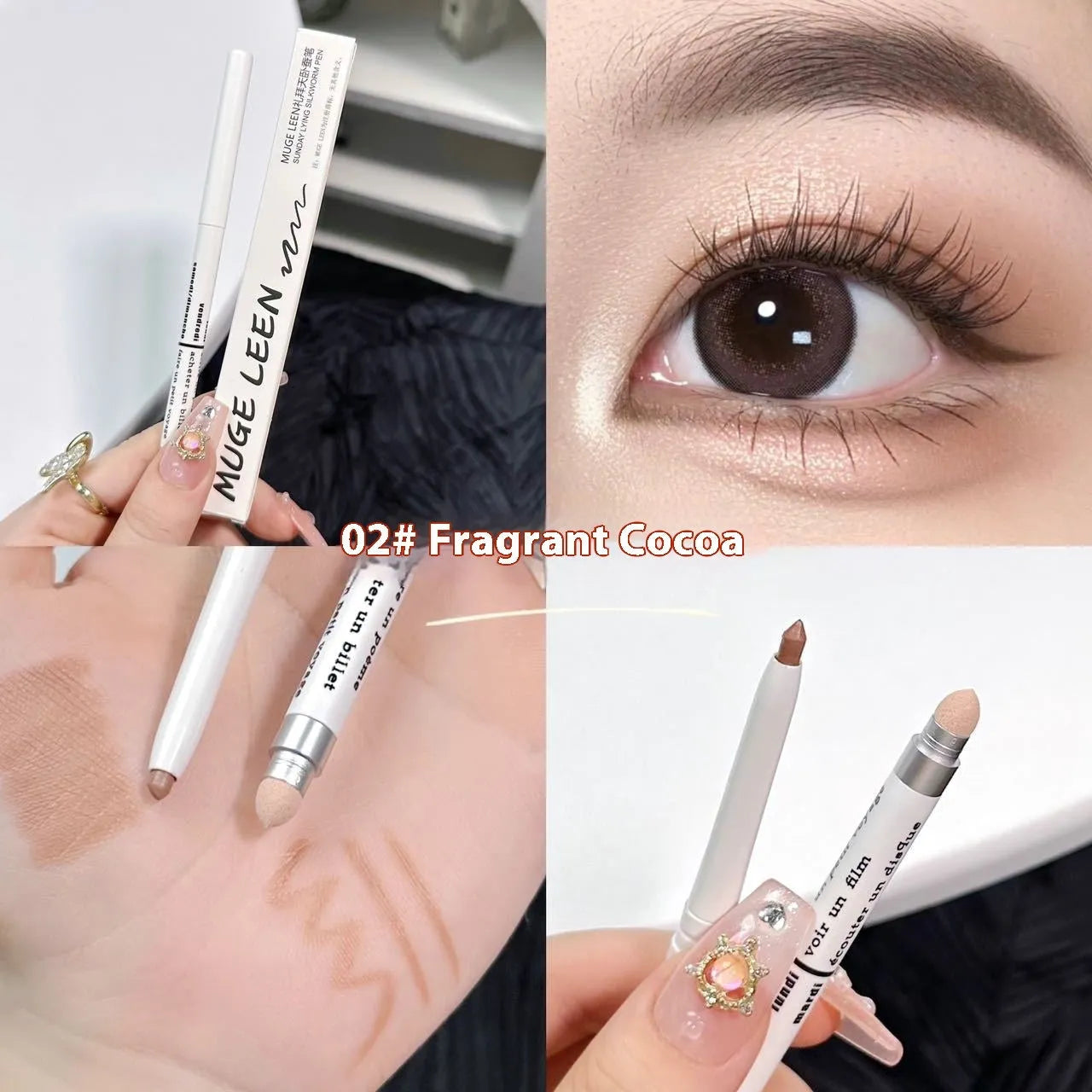 Waterproof non-smudge eye shadow pen in gold and purple shades for highlighting and brightening.