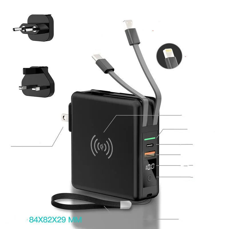 Black or white 10000mAh power bank with wireless charging and four international plug adapters