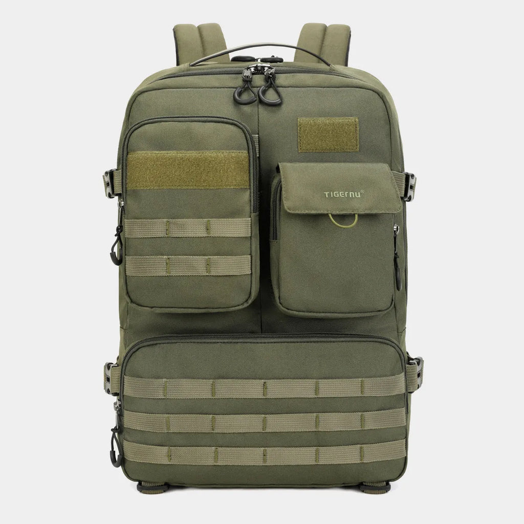 Army green tactical backpack with waterproof nylon construction showing 17-inch frame and adjustable straps