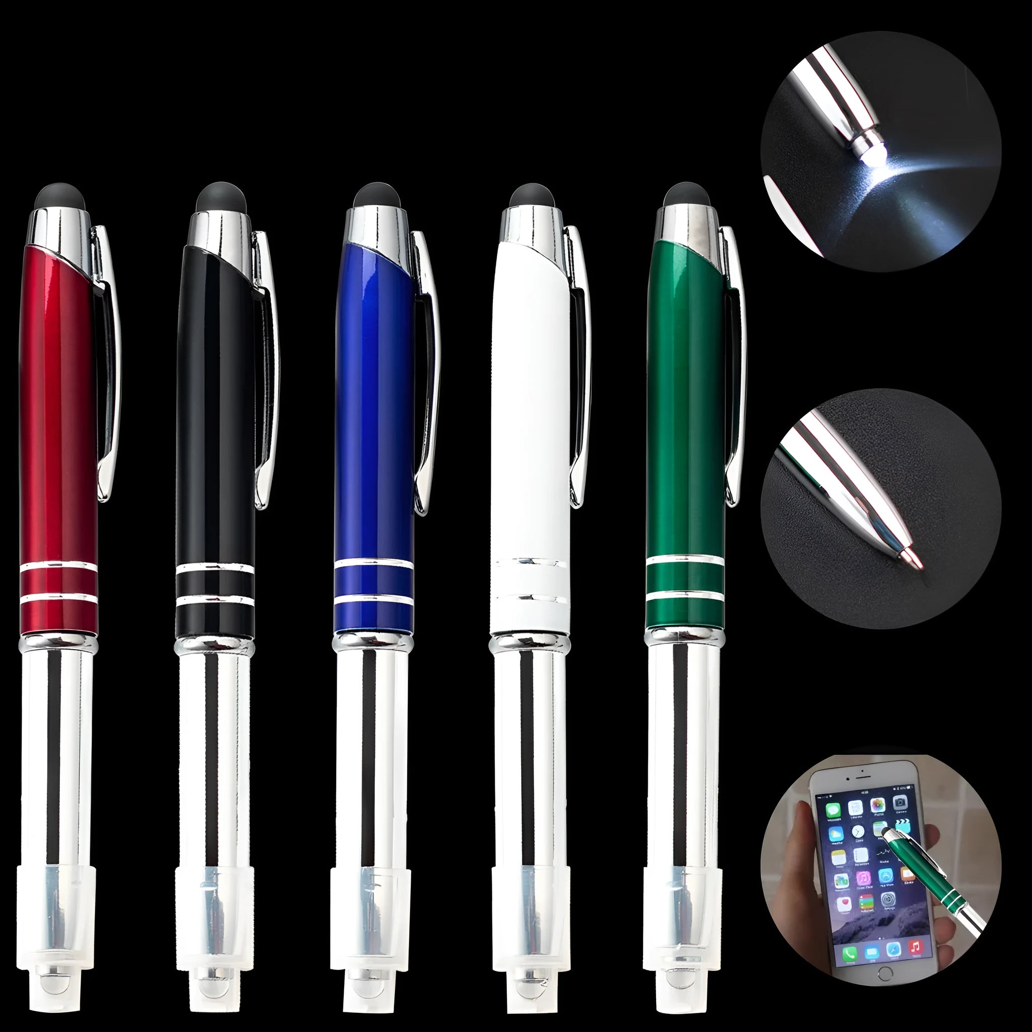 Metal multifunctional stylus pen with ballpoint and LED light in five colour options
