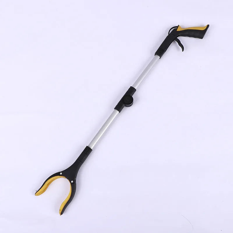 Foldable aluminium garbage clamp showing extended and folded positions with magnetic sucker and coloured handle options