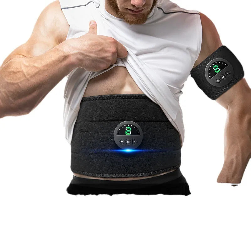 Display screen fitness belt for waist and abdomen reduction measuring 120x17.7cm with host unit and USB cable