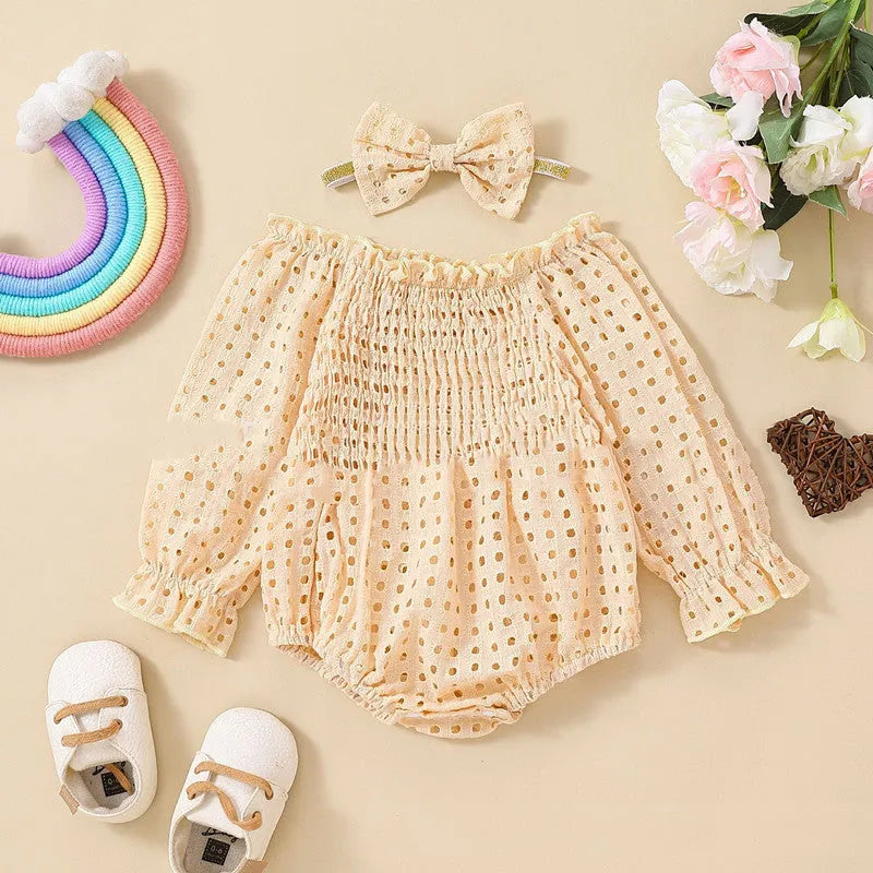baby girl cotton mesh smocking long sleeve off shoulder two piece set apricot white 60-90cm