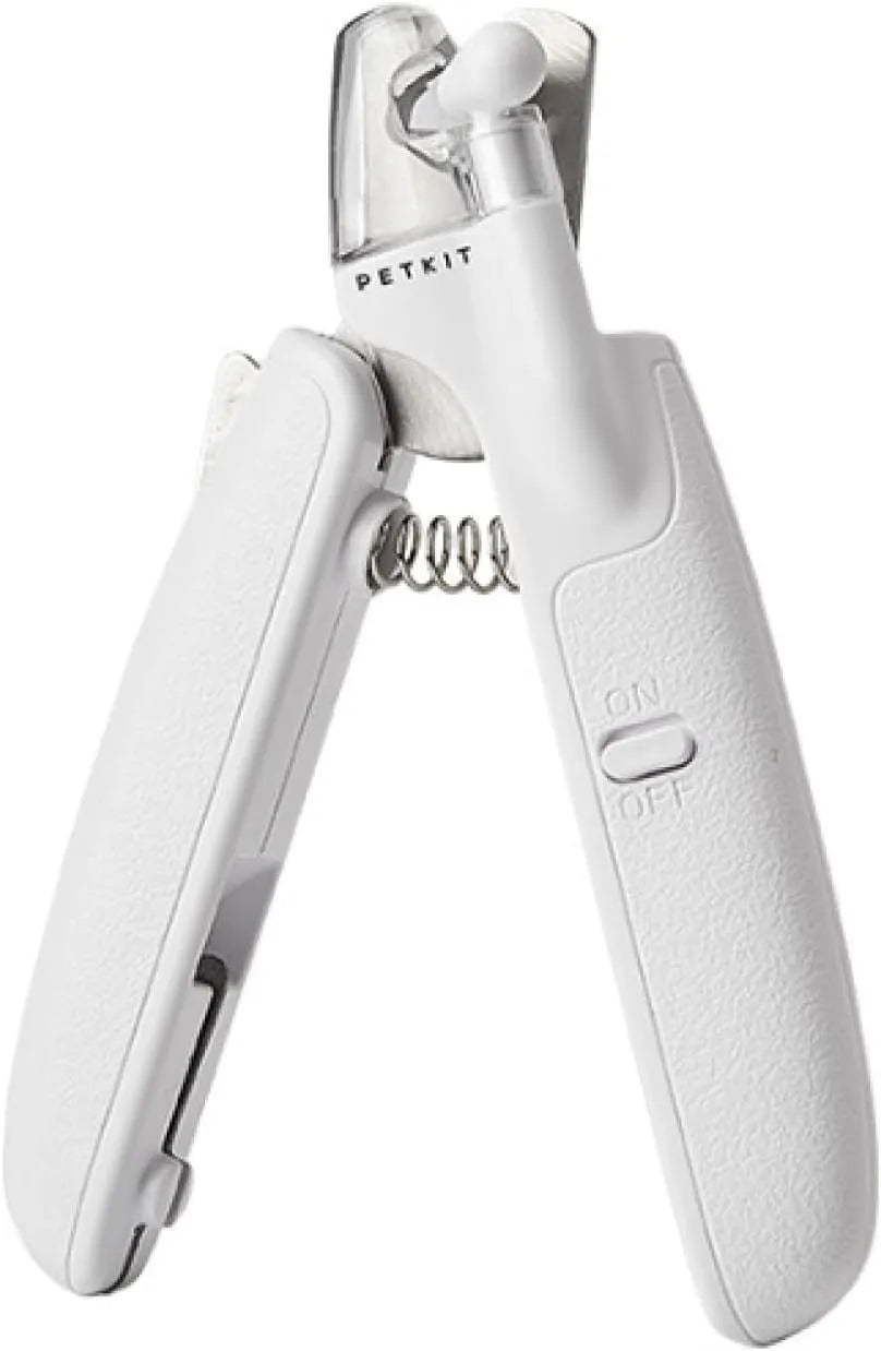 White pet nail clippers with LED light, transparent anti-splash guard and triangular blade for dogs and cats