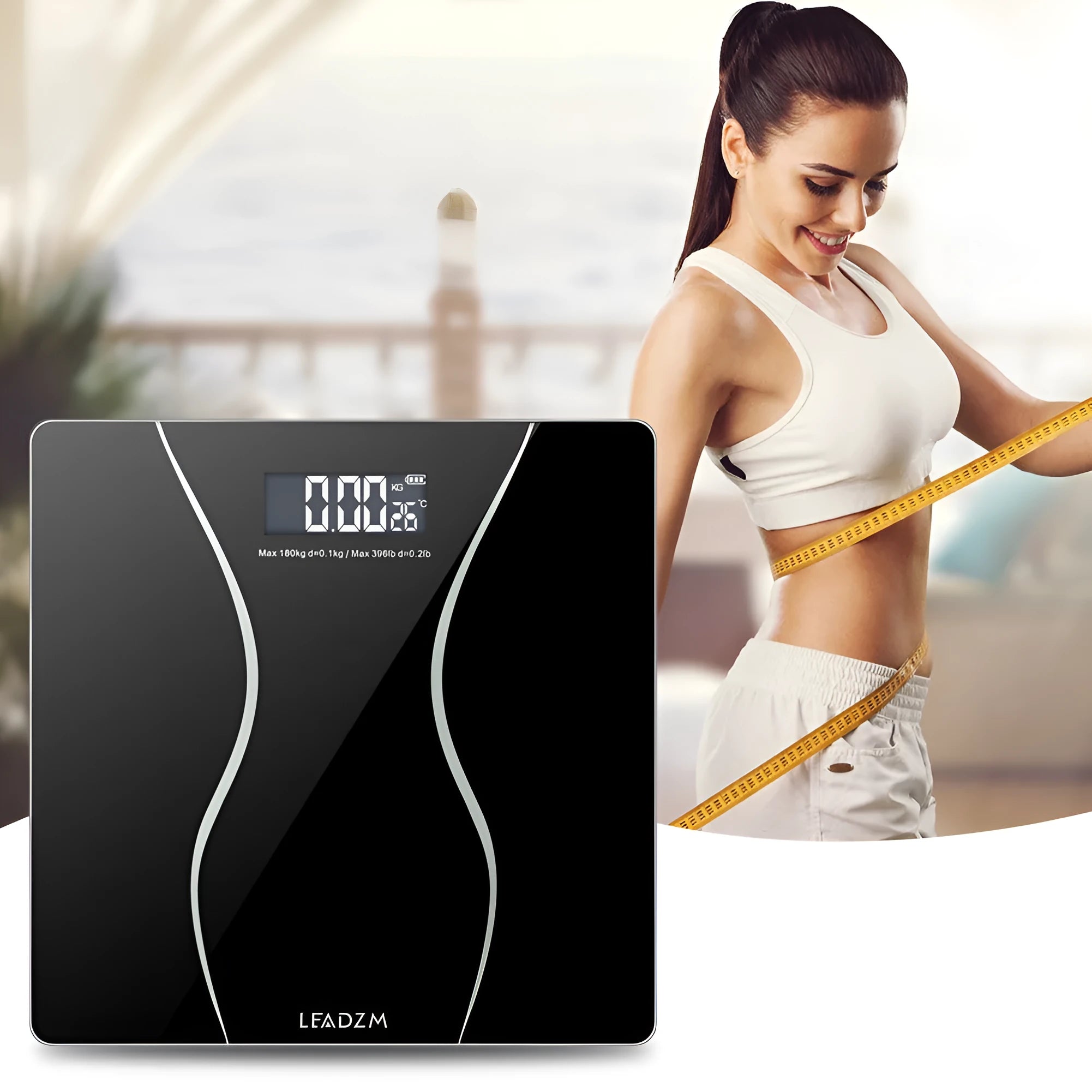Black electronic household bathroom scale with digital display and 180kg maximum capacity